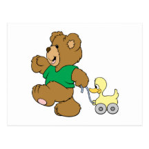 playful teddy bear with toy ducky postcard
