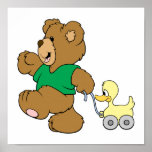 playful teddy bear with toy ducky poster