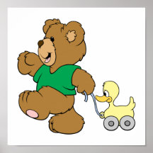 playful teddy bear with toy ducky poster