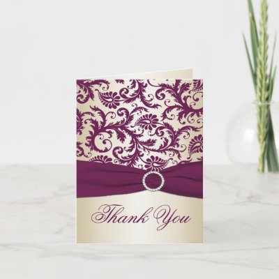 Plum and Champagne Damask Thank You Card by NiteOwlStudio
