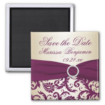 Plum and Champagne Damask Wedding Favour Magnet by NiteOwlStudio