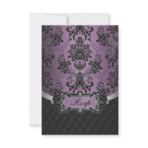 Plum Lapis Purple Black Damask Wedding RSVP Cards