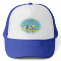 Pointillism kayak painting, faded oval frame, hat