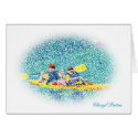 Pointillism kayak scene, oval frame, cards