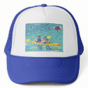 Pointillism kayak scene, painting by Cheryl Paton hats
