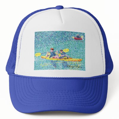 Pointillism kayak scene, painting by Cheryl Paton Trucker Hat by Cherylsart