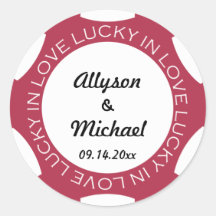 Poker chip lucky in love wedding favour label red round stickers