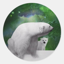 Polar Bear, cub and Northern Lights aurora Round Sticker
