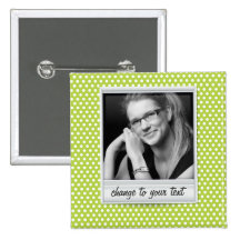 Polaroid photoframe on white & lime polkadot pinback buttons