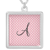 Polka dots pink white monogram personalised necklace