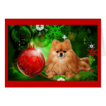 Pomeranian  Christmas Card Red Ball Green
