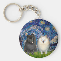 Pomeranian Pair (B+W)-Starry Night Key Chains