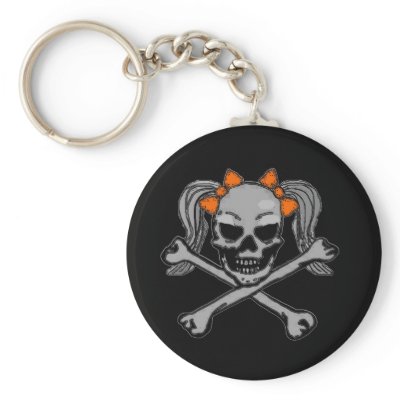 Ponytail skull and crossbones with orange bows keychains by hadleymonster