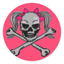 Ponytail skull w/ pink bows round sticker