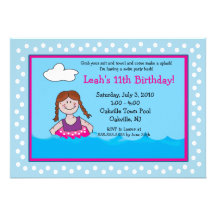 POOL Party Red head Girl 5x7 Birthday Invitations