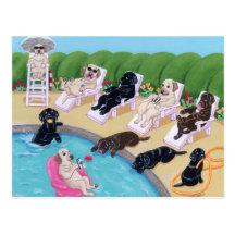 Pool Side Party Labradors Painting Postcard