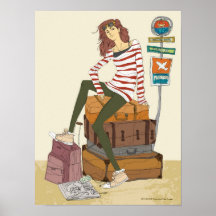 Portrait of young woman sitting on suitcase poster