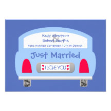 Post Wedding Reception Invitation -- Blue Car
