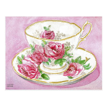 Postcard - Pink Floral Rose Watercolor Teacup