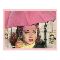 Postcard Retro Rainy Day shower & a Pink Umbrella postcards