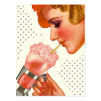 Postcard Retro Stylish Gal w/ Soda Fountain Drink postcards