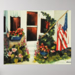 Poster print of "Country house with American flag