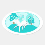 Prancing Unicorn in green forest Oval Stickers