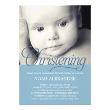 Precious Script Photo Christening Invitation -Blue