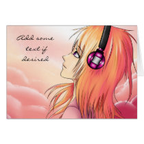 Pretty anime girl listening to music card