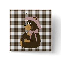 Pretty Brown Bear Brown Plaid Button