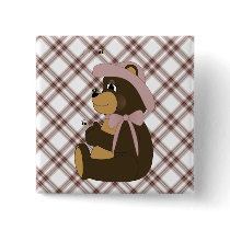 Pretty Brown Bear Pink Plaid Button