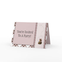 Pretty Brown Bear Pink Plaid Invitation
