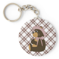 Pretty Brown Bear Pink Plaid Keychain
