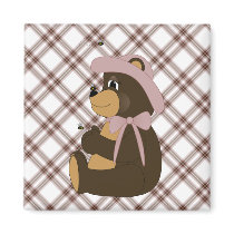 Pretty Brown Bear Pink Plaid Magnet
