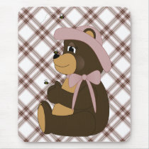 Pretty Brown Bear Pink Plaid Mousepad