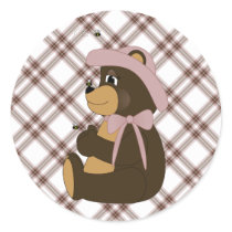 Pretty Brown Bear Pink Plaid Sticker