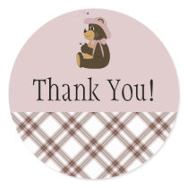 Pretty Brown Bear Pink Plaid Thank You Sticker