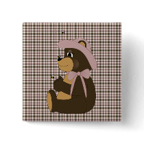 Pretty Brown Bear Rose Plaid Button