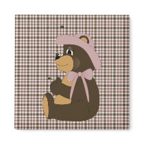 Pretty Brown Bear Rose Plaid Magnet