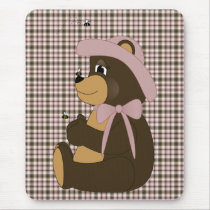 Pretty Brown Bear Rose Plaid Mousepad