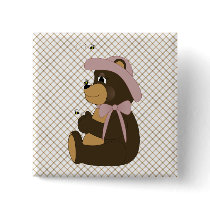 Pretty Brown Bear Tan Plaid Button