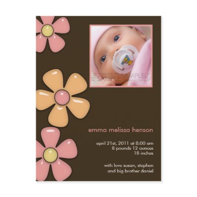 Pretty Flowers Pink/Brown • Baby Announcement Postcard by CSKidsOccasions