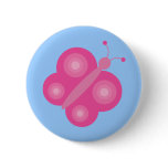 Pretty pink cartoon butterfly blue badge / button