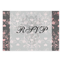 pretty pink romantic heart damask on vintage grey business card template