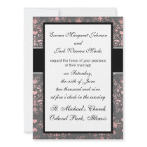 pretty pink romantic heart damask vintage grey personalized invitation