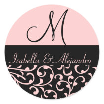 Pretty Pink Swirl Damask Monogram Wedding Labels Sticker