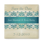Pretty Teal Damask Save the Date magnet