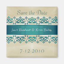 Pretty Teal Damask Save the Date magnet