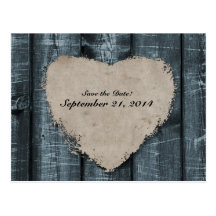 Primitive Blue Wood and Heart Save the Date Post Card