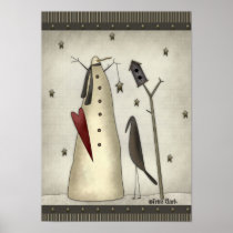 Primitive Snowman, Birdhouse, Crow Print